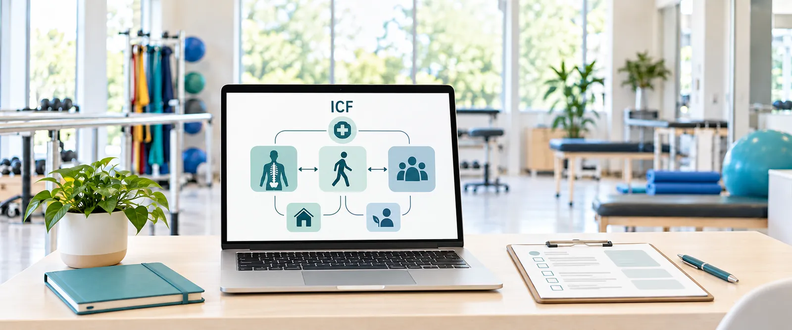 Laptop showing an ICF framework diagram in a clean rehab workspace