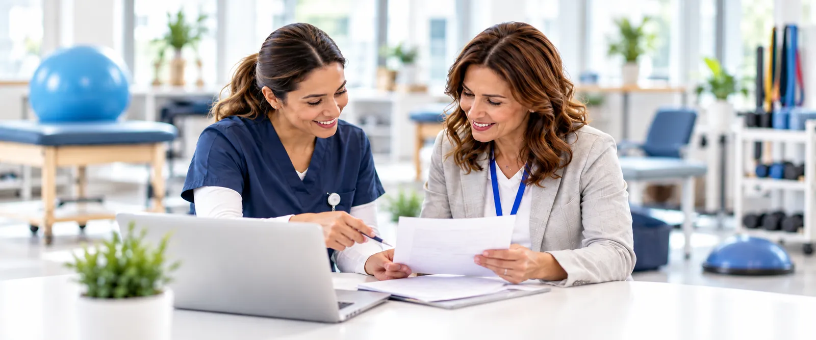 Two rehabilitation clinicians reviewing therapy documents